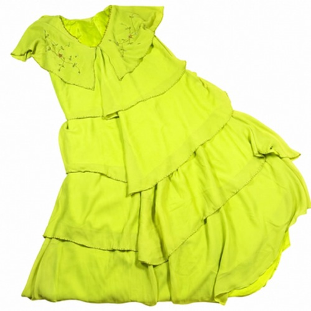 Dress Womens M Green Floral Beaded Chiffon Tiered Maxi Short Sleeve Formal Gown